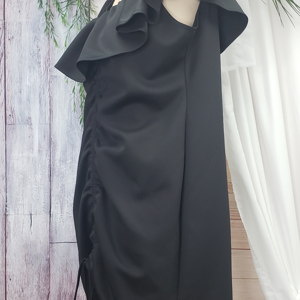 Black Rouched and Ruffled Cocktail Dress by Bloom Chic - Picture 2 of 13